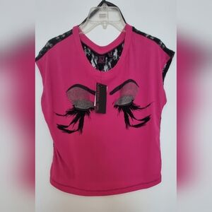 Y2K Material Girl Hot Pink Graphic Tee with Black Lace Accents NWT